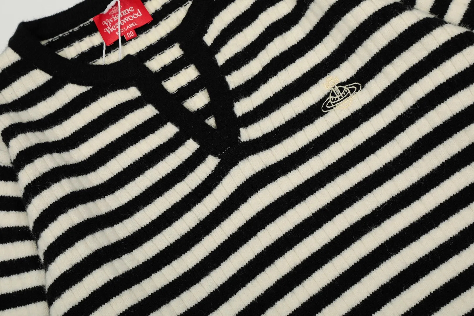 VIVI top quality-Japan limited edition" vivienne west wood 25th autumn and winter new style Saturn embroidery small V-neck pullover Size: S -M- L Color: black and white stripes